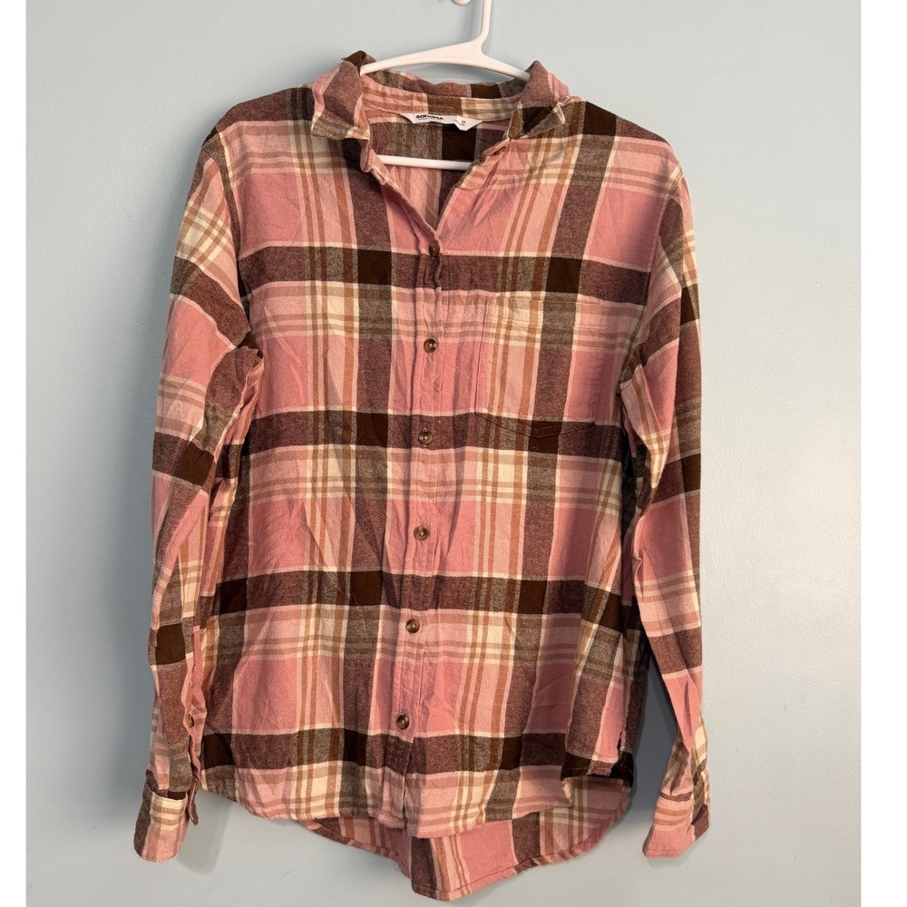 Sonoma Goods For Life Women's M Pink Brown Plaid Flannel Button Up Shirt 1071